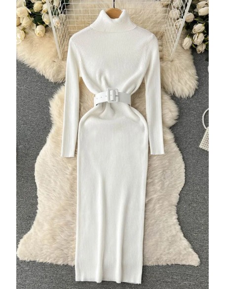 Knitted Women Dress Chic Elegant Turtleneck Long Sweater Dress with Belt Lady Package Hips Bodycon Dress
