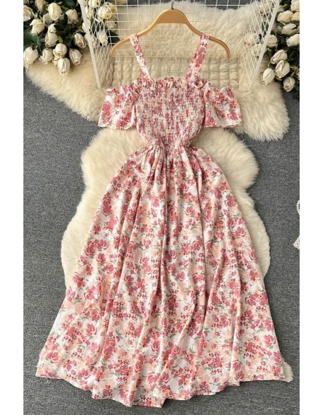 Women Fashion Romantic Floral Print Long Dress Off Shoulder Puff Sleeve Party Dress