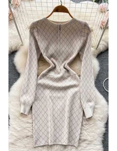 Fashion Geometric Knitted Vestidos Women Casual Long Sleeve Zipper O-neck Short Dress