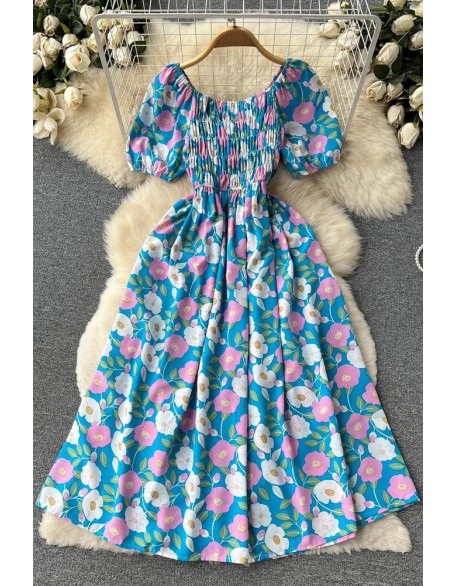 Romantic Flower Print Long Dress Women Elegant Puff Sleeve Off Shoulder Dress Party Vestidos Dress