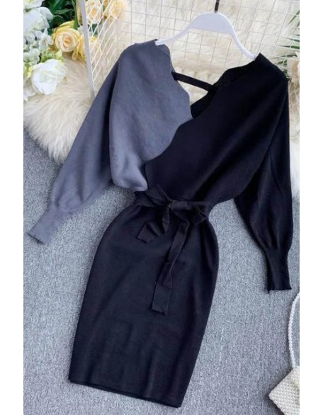 Elegant Sashes V Neck Knit Dress Women Backless Long Sleeve Sweater Dress