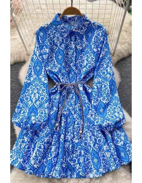 Fashion Long Sleeve Lace-up Shirt Dress Casual Print A-line Short Dress