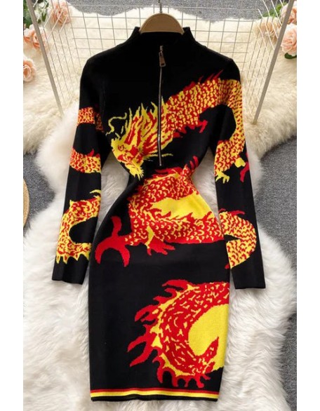Women Dragon Pattern Long Sleeve Knitted Dress Harajuku Zipper Fly Collar Bodycon Dress
