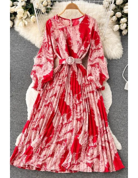 Women Dress Fashion Print Pleated Long Dress Female Elegant Sash Bandage Party Dress