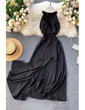 Women Sleeveless Long Dress Female Split Slim Dress Ladies Solid A-line Party Dress