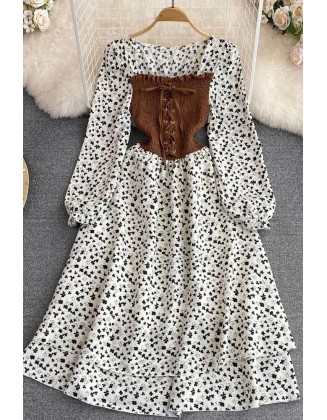 Women Dress Vintage Floral Print Gothic Bandage Long Sleeve Shirt Dress