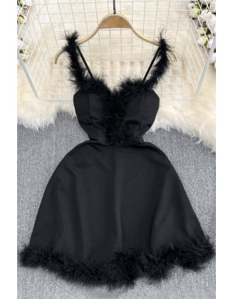 Fashion Style Sexy Uniform Furry Stitching Nightclub Off-Shoulder Backless Dress With Sleeves