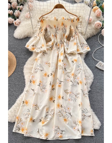 Floral Print Strapless Dress Women Slash Neck Flare Sleeve Elastic Waist Lady Vacation Fashion Line Dress