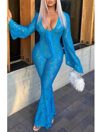 Mesh Patch Glitter Rhinestone Wide Leg Jumpsuit