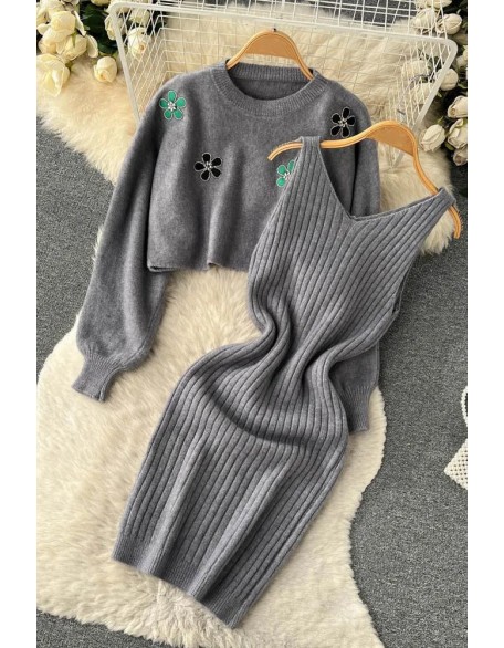 Elegant Women Dress Two Piece Fashion Flower Embroidery Pullover Sweaters + Knitted Mini Dress Suits