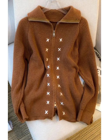 Women Cardigans Fashion Turn-down Collar Long Sleeve Zipper Knitwear Coat Casual Fitted Female Sweaters