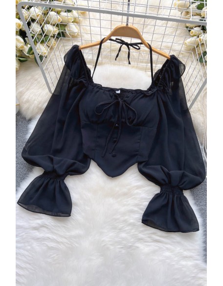 Flare Sleeve Women Tops Ruffle Solid Elastic Waist Halter Backless Chiffon Slim Ladies Harajuku Sexy Short Blouse