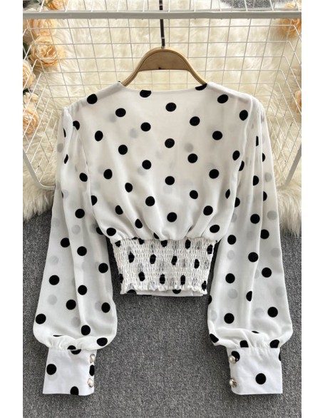 Women Polka Dot Shirts Vintage Double Breasted Long Sleeve Slim Tops