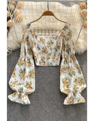 Off the Shoulder Floral Blouse Elastic Waist Ruched Slim Long Sleeve Tops Women Style Print Short Beach Blouses